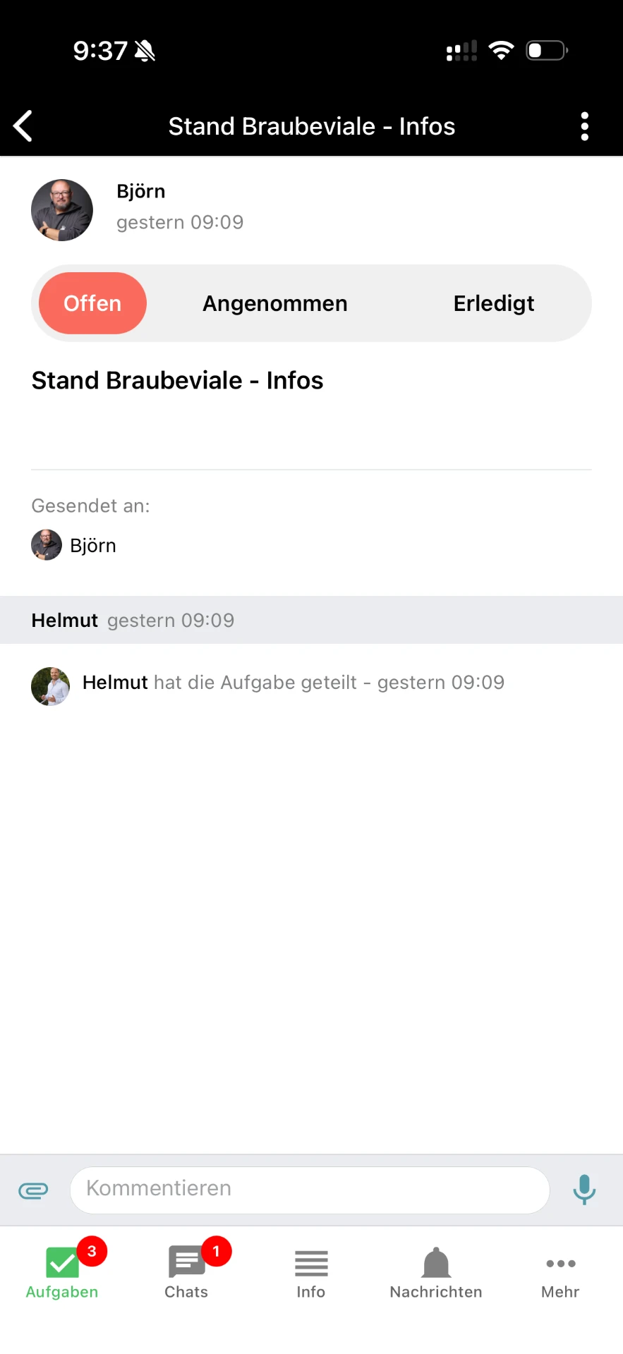 Offene Aufgabe: Neue Aufgabe mit Status „Offen“ – bereit zur Übernahme.
