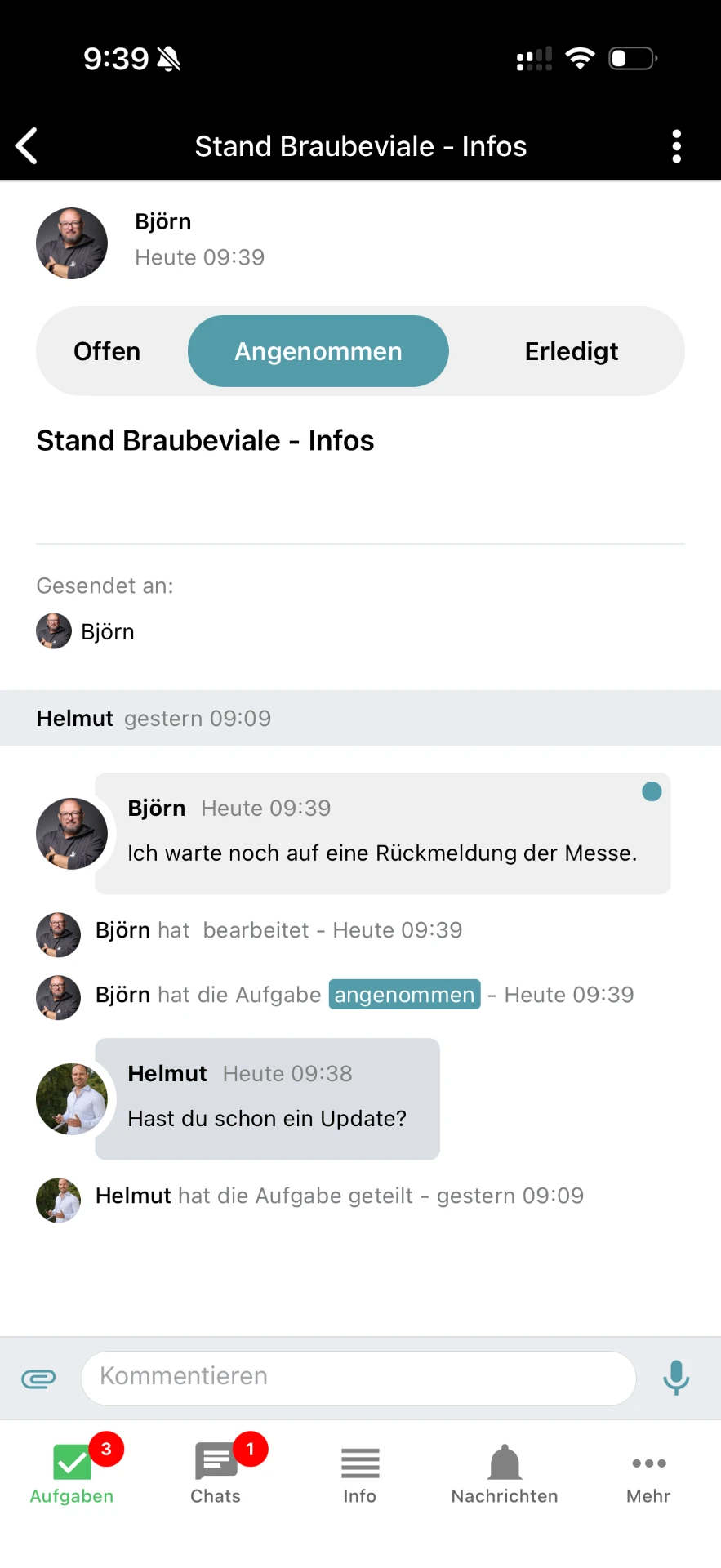 Angenommene Aufgabe: Status „Angenommen“ mit Kommentar-Verlauf – jeder sieht, wer dran ist.