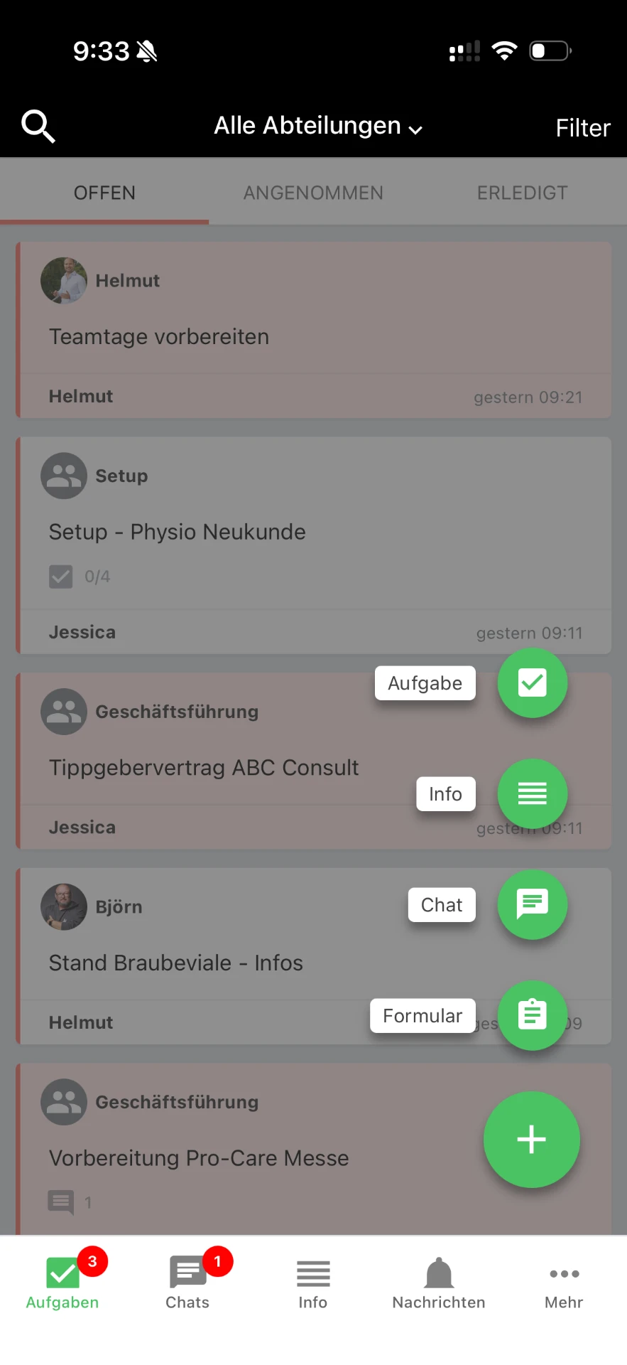 Überblick App: Aufgabenliste mit Schnellmenü für Aufgabe, Info, Chat und Formular