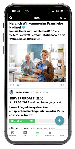 Überblick App auf dem Smartphone: Info-Feed mit Willkommensnachricht und Server-Update mit Lesebestätigung