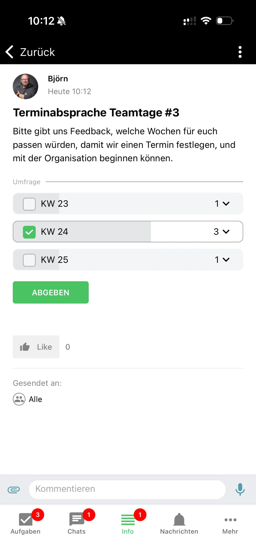 Umfrage im Beitrag: Rückmeldung einsammeln, Ergebnis live sichtbar – ohne Extra-Tool.